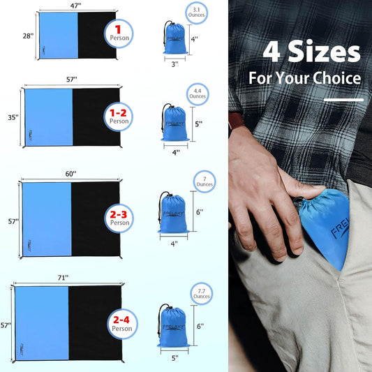 Frelaxy Pocket Picnic Blanket, Waterproof Sandproof Beach Mat, Compact Camping Tarp for Festivals, Hiking, Travel, Outdoor Recreation (Blue, 28'' x 47'')