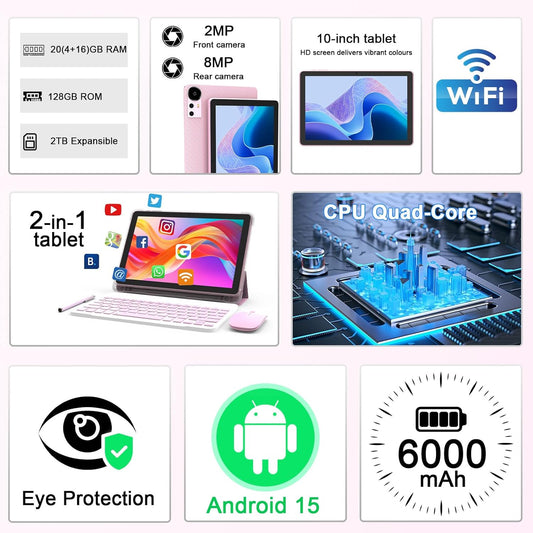 Android 15 Tablet 10 Inch, 20GB RAM+128GB ROM/2TB Expandable, 2 in 1 Tablets with Keyboard Case Mouse Stylus, 2.0GHz Quad-core Processor, 1280*800 IPS HD Screen, 5G WiFi6 BT 5.0, 8MP Camera Tableta PC