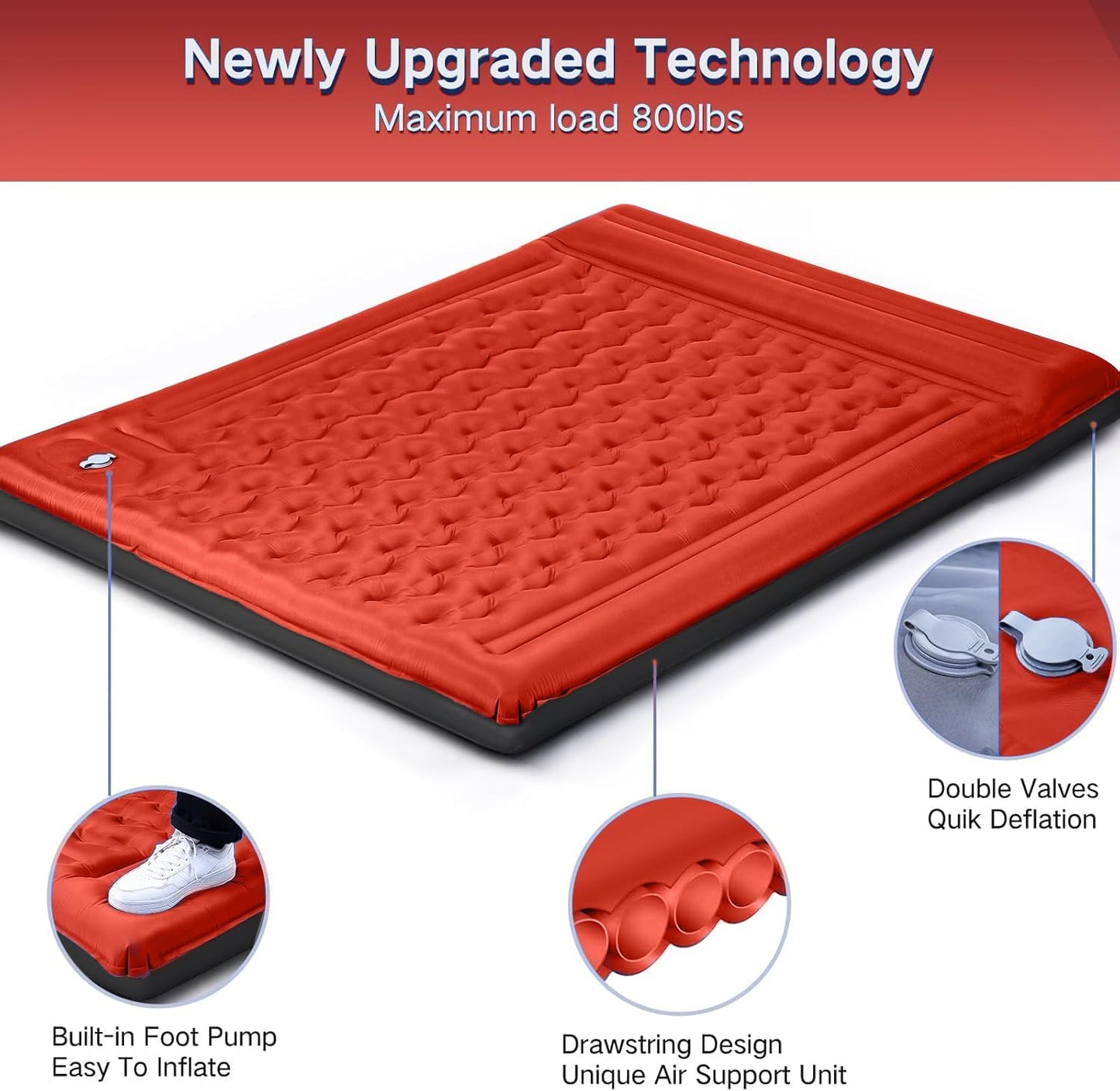 Double Sleeping Pad Camping, Self Inflating 6'' Extra-Thick 2 Person Pillow Built-in Foot Pump Waterproof Inflatable Sleeping Mat Backpacking, Tent, Hiking, Portable Camping Pad (Orange-Black)