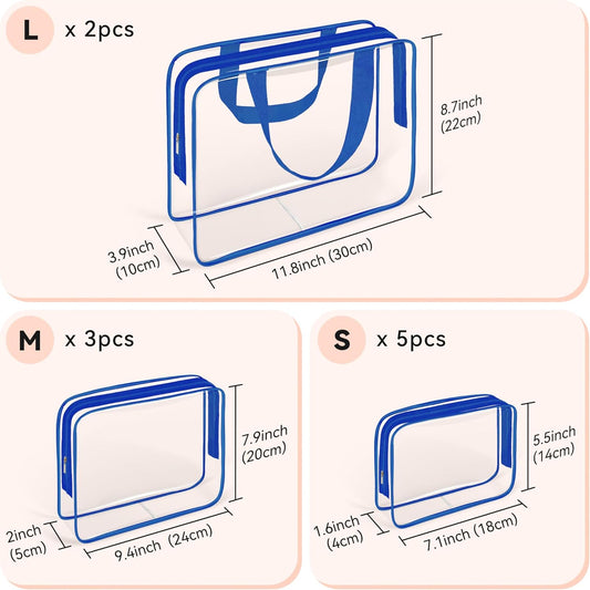 TISRATOK 10 PCS Clear Travel Makeup Toiletry Bag, Plastic PVC Cosmetic TSA Approved Organizer Kit with Zipper Handbag(Blue)