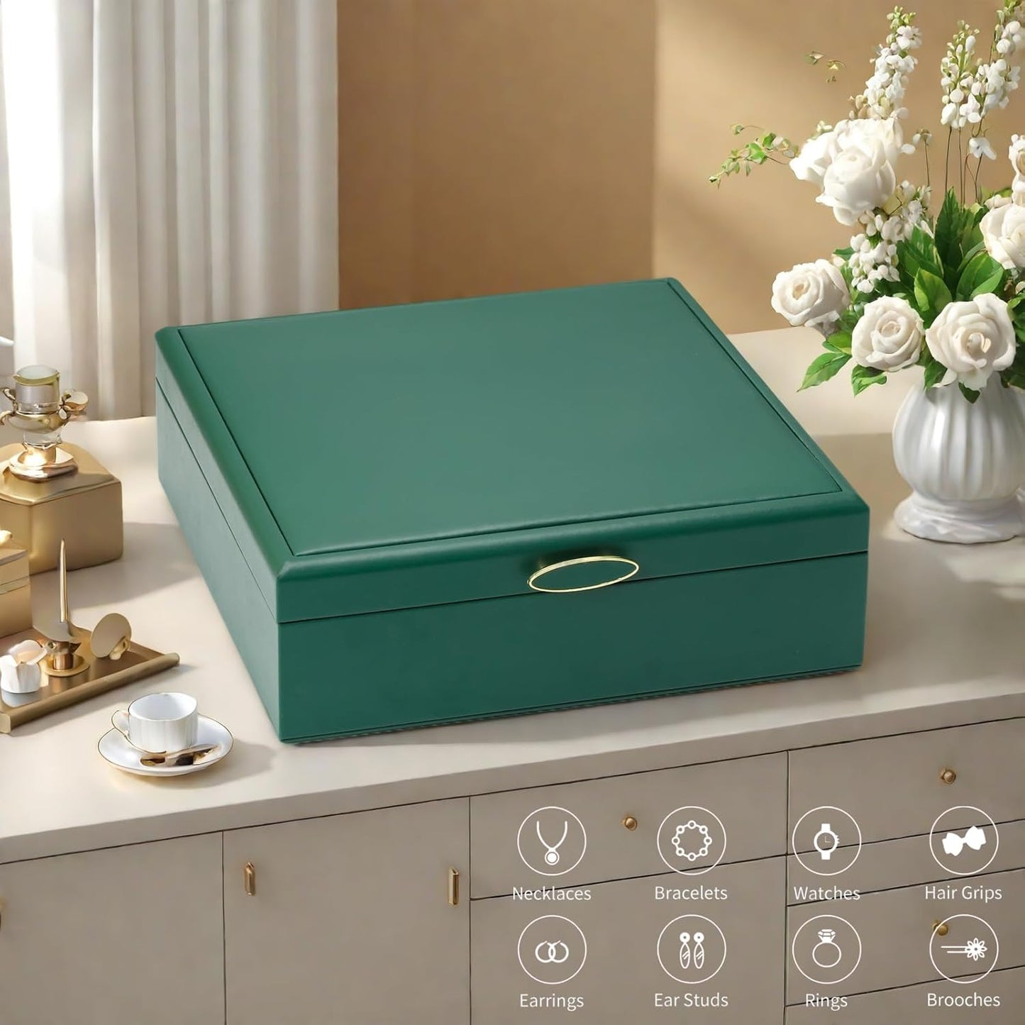 2-layer jewelry box,Jewelry Organizer with Handle,with hanging necklace hooks, detachable jewelry trays, suitable for storing a large amount of jewelry gift box (Large-Green)