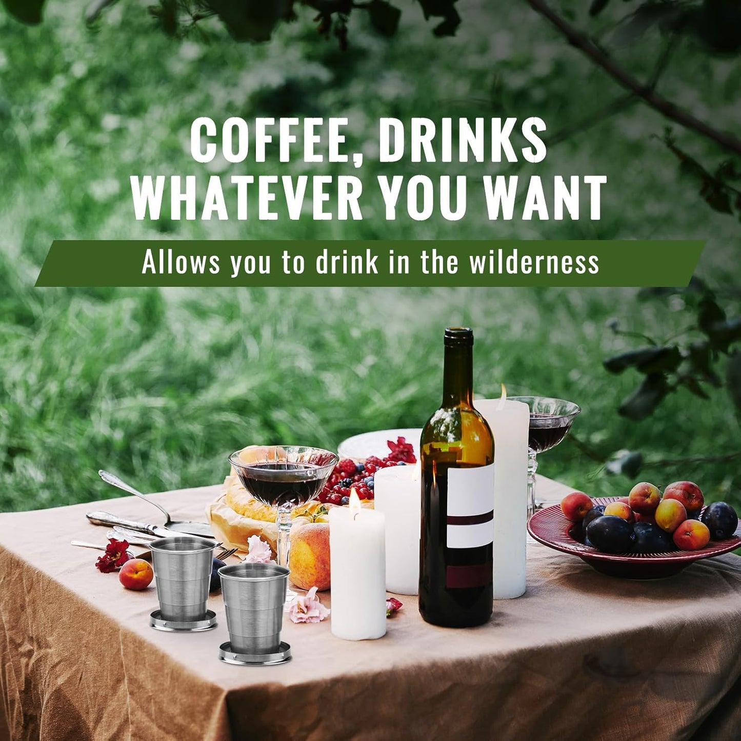 2 Pcs Stainless Steel Collapsible Cup, Foldable Cup with Lid and Keychain, Collapsible Cups for Traveling, Camping, Hiking, Biking and Daily Use (Middle)