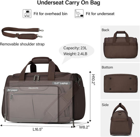 Hanke Underseat Carry On luggage Bags for Travel, Foldable Travel Bags for Women, Soft Lightweight Personal Item Travel Bag Small Carry On Bags for Airplanes, Travel Tote Bags for Women Men.(Coffee)