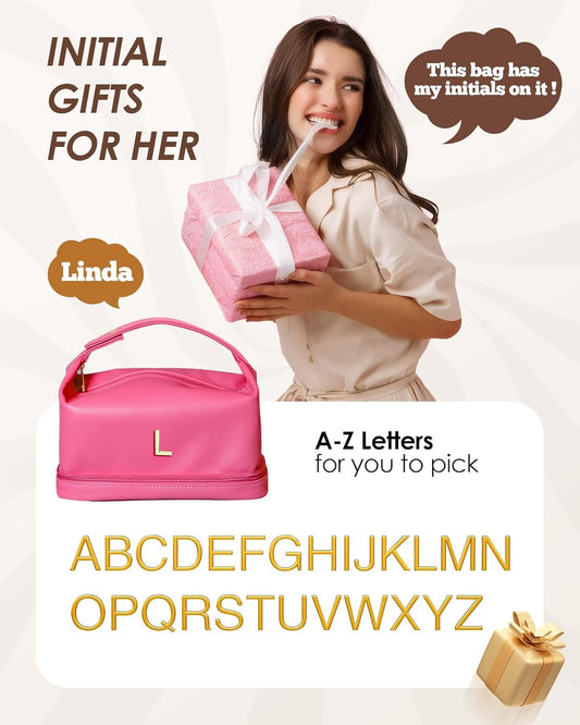 Gifts for Daughter/Girls, Personalized Makeup Bag with Handle, Initial Double Layer Cosmetic Bag with Makeup Brush Organizer, Cute Cosmetic Pouch for Women, Gifts for Niece Female