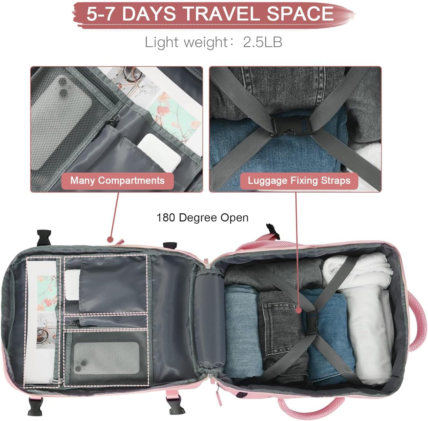 Hanples Carry on Travel Backpack for Women, Large 40L Personal Item Luggage Backpack,17inch Laptop Backpack TSA Flight Approved, Travel Essentials Casual Daypack with 2 Toiletry Bags (Pink)