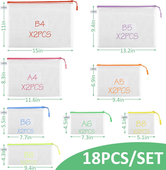 18 Pack 8 Size Mesh Zipper Pouch Bags, Waterproof Zipper Bags with Label Pocket,File Bags for Classroom Organization,Zipper Pouches of Office Supplies,Puzzles, Board Game Storage