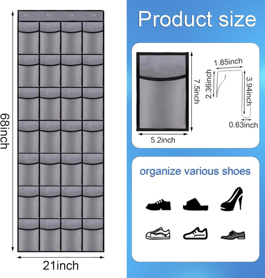 28 Mesh Pockets Hanging Shoe Organizer, Over the Door Shoe Organizer,Closet Storage Holder for Back of Door Storage Holder for Back of Door(Grey)