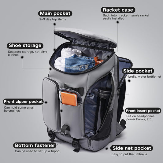 Carry on Travel Backpack for Men Women,30L Multi-Pocket 17.3inch Laptop Backpack, Sports Gym Tennis Badminton Backpack with Shoe Compartment-Grey