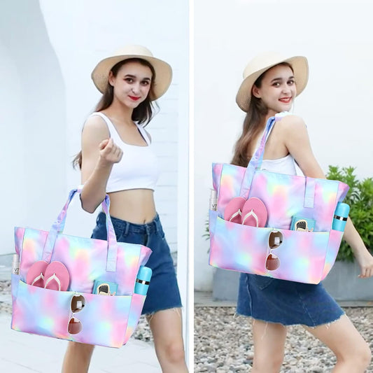 Waterproof Beach Tote Pool Bags for Women Ladies Extra Large Gym Tote Carry On Bag With Wet Compartment for Weekender Travel