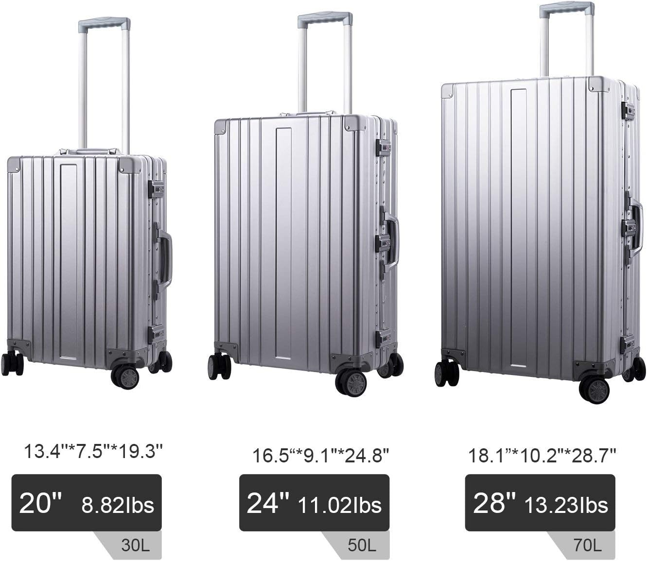TRAVELKING All Aluminum Luggage Zipperless Hard Shell Luggage Case with TSA Lock Spinner Alloy Metal Suitcase (Silver, 24")