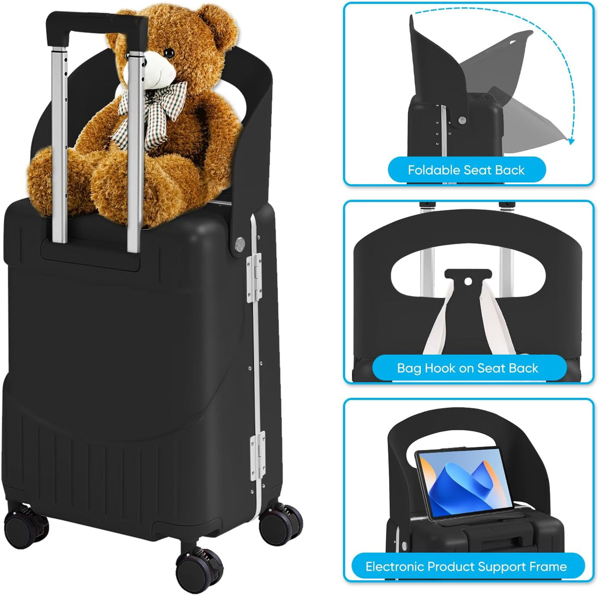 TABU 20" Ride-on Luggage with Seat For Kids & Adults,Carry On Hardshell Ride On Suitcase with 360° Lockable Spinner and TSA Lock, Black