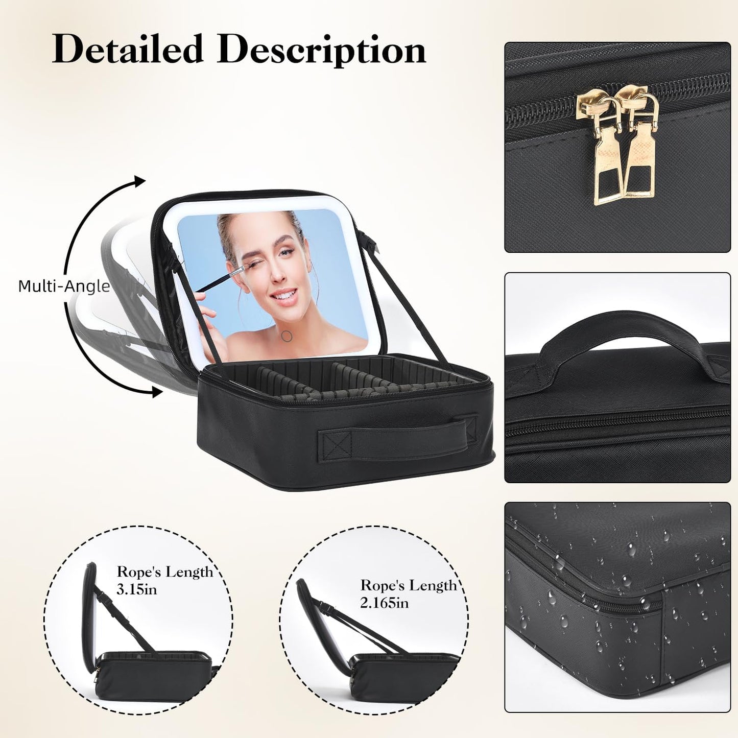 Travel Makeup Bag With LED Mirror,Cosmetic Train Case with 3 Color Setting,Cosmetic Makeup Organizer Bag with Adjustable Dividers,Portable Make up Box with Make up Brushes Holder Storage(Back)