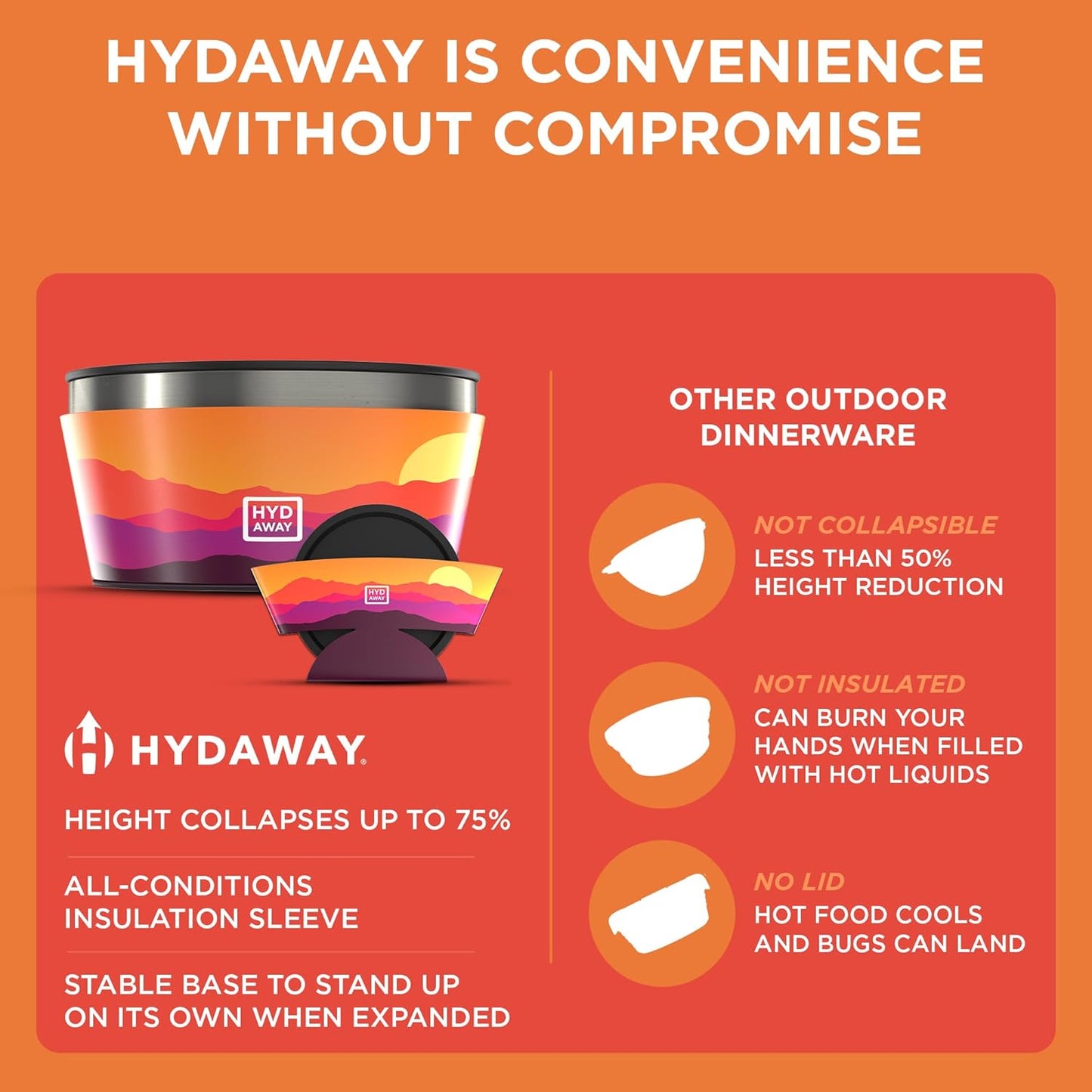 HYDAWAY 1-Quart Collapsible Insulated Bowl with Lid - BPA-Free, Leak-Resistant, Space-Saving Camp Bowl - Ideal for Hiking, Travel & Outdoor Meals