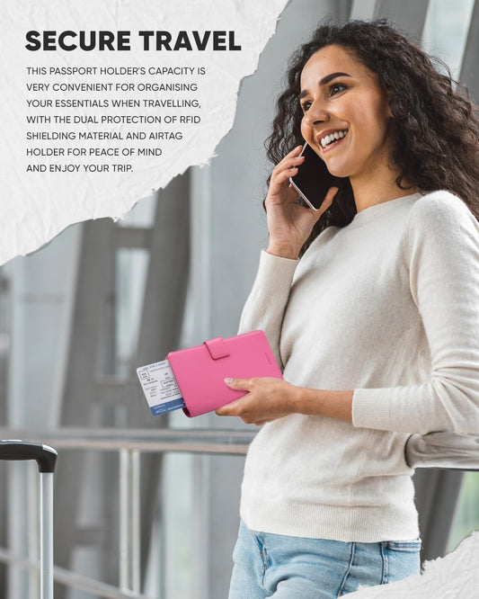 VULKIT Passport Holder with Airtag Holder RFID Blocking Passport Wallet Travel Leather Passport for Women(Rose)