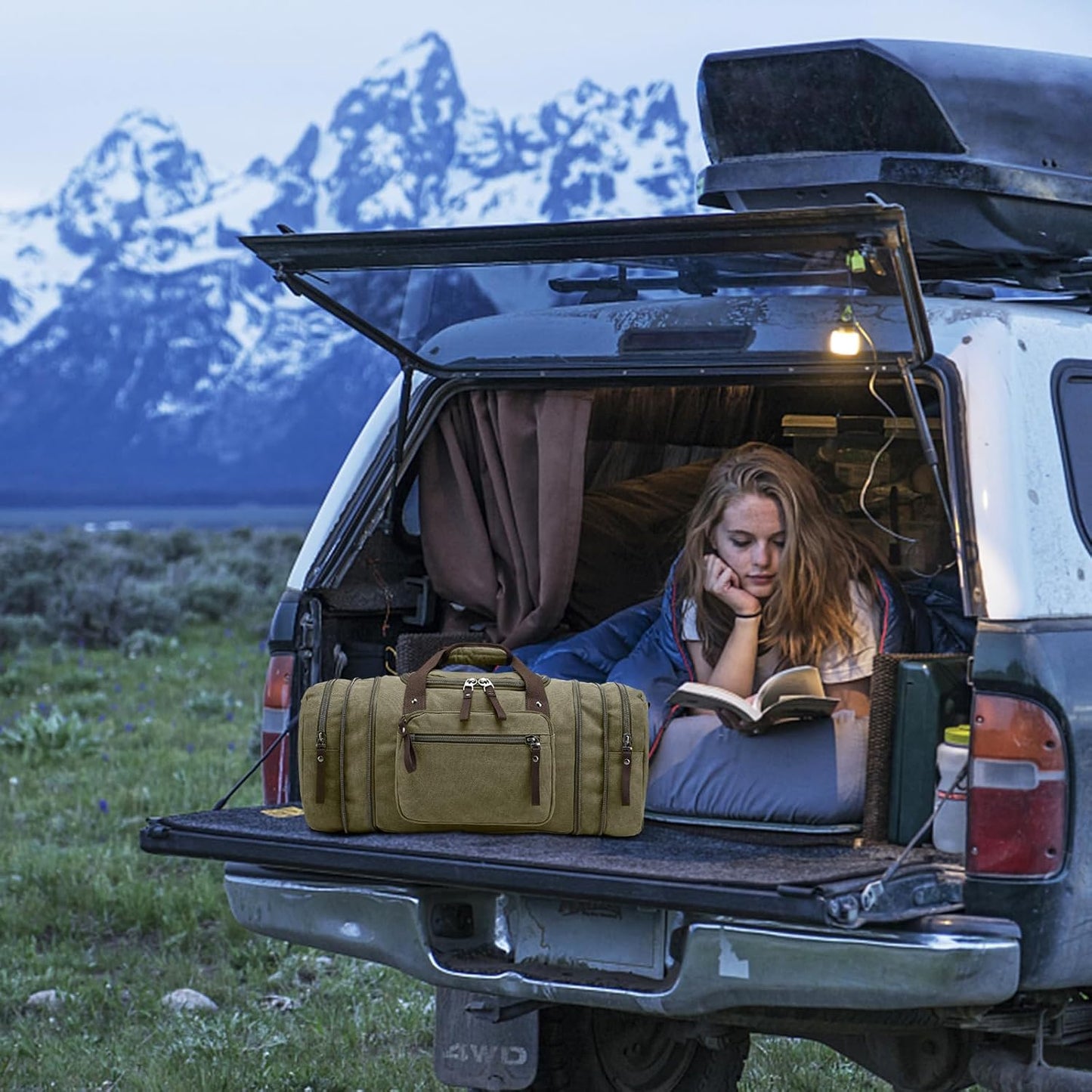 Felipe Varela Green 40L Canvas Duffel Bag for Men, Expandable Travel Gym Overnight Carry On Bag