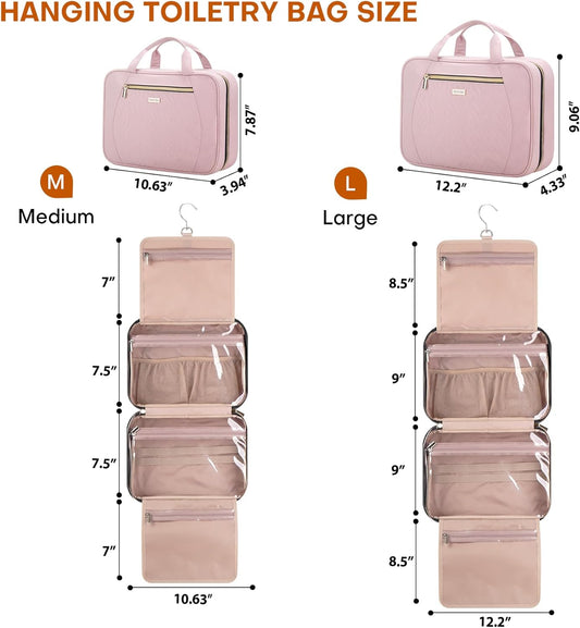Hanging Toiletry Bag for Women Travel, 2 Sizes Large & Small Waterproof Cosmetic Organizer with 4 Compartments, Rotating Hook, Foldable Pink Travel Bag for Toiletries & Makeup - Large Pink