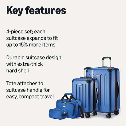 Amazon Basics 4-Piece Luggage Set, Including Two Hardside Suitcases With Multi-directional Spinner Wheels (22" Carry-On and 28" Checked), 15" Tote Bag and 10" Compact Travel Bag, Navy Blue