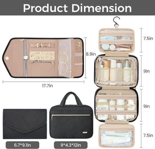 BAGAIL Hanging Toiletry Bag for Women Water-resistant Cosmetic Bag Large Capacity Travel Makeup Organizer for Full-Sized Travel Essentials(Classic+Jewelry Bag, Black)