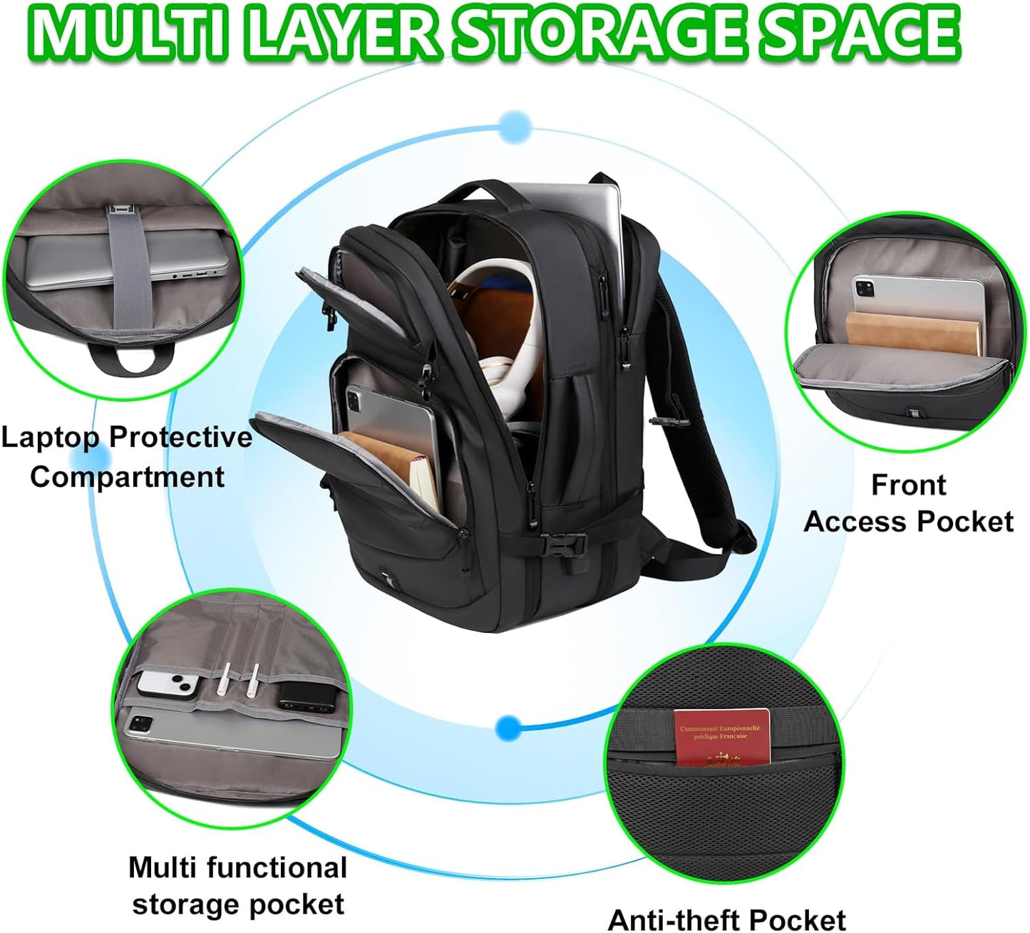 Travel Backpack for Men & Women - 40L Expandable Carry-On Backpack, TSA Approved 16 Inch Laptop, Weekend Outdoor Essentials, Airline Flight Approved, Black