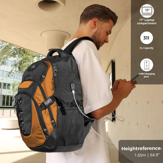 Swissdigital Design Laptop Backpack with USB Charging Port, TSA Travel Backpack Fits 15.6 inches Computer, 31L College School Backpack for Men, Orange/Black | SD803