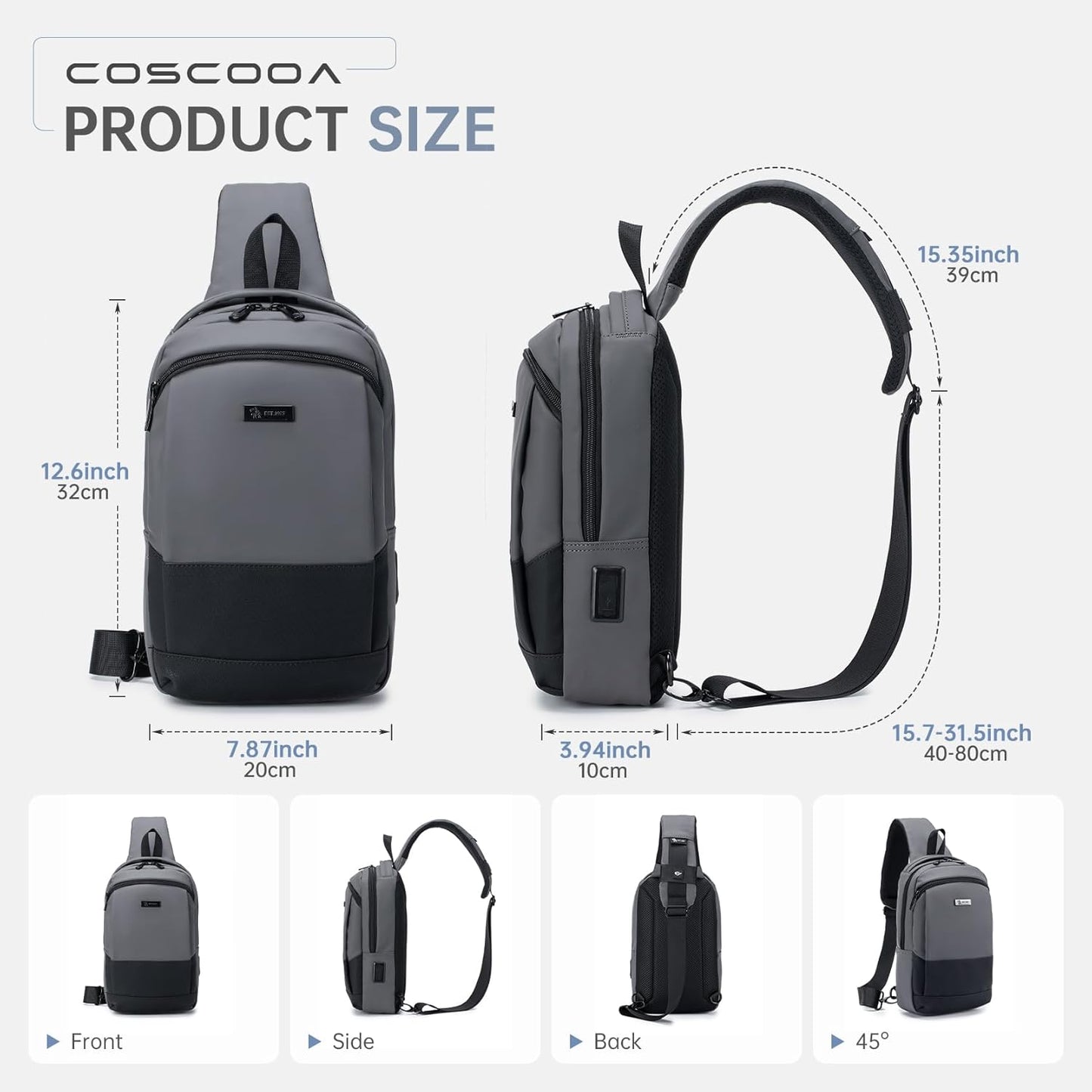 Sling Bag for Men, Anti-theft Crossbody Bag with USB Charging Port, PU Leather Shoulder Bag for Women Travel Outdoor Casual Sports Daypacks