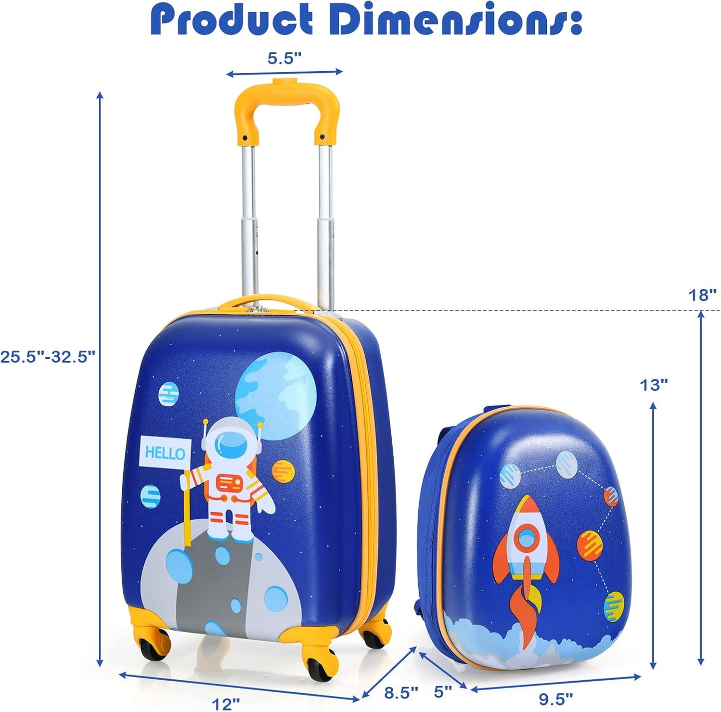 HONEY JOY Kids Luggage, 12" Toddler Backpack & 16" Travel Suitcase with Wheels, Lightweight Toddler Girls Suitcase, Durable ABS Hardshell, 2Pcs Carry On Luggage Set for Boys Girls