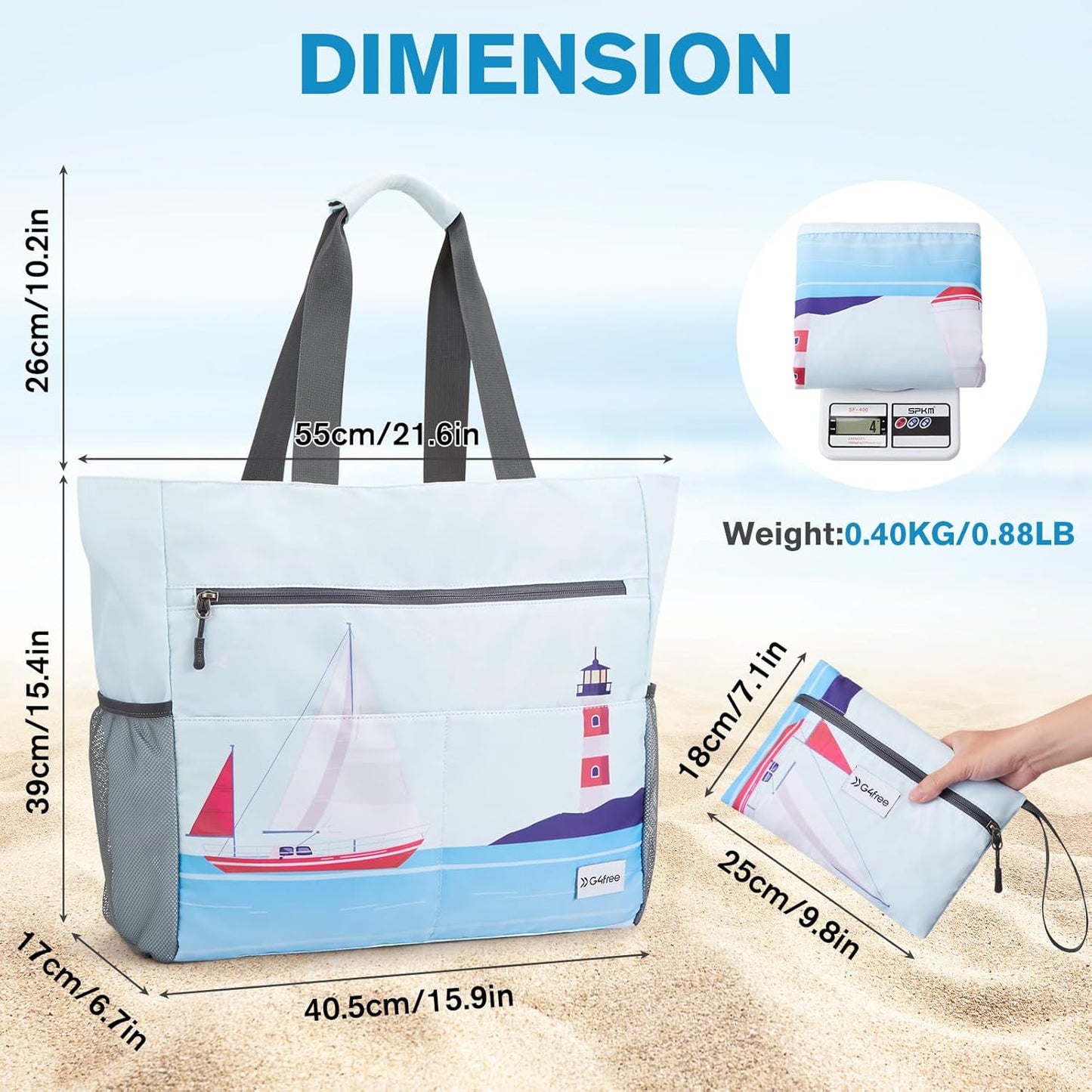 G4Free Beach Bag, Waterproof Sandproof Beach Tote Bag, Large Capacity Foldable for Women