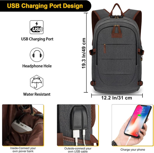 Canvas Laptop Backpack-Anti Theft Bag for Men Women,Rucksack Fits 15.6Inch Laptop, Work Travel with USB Charging Port and Lock