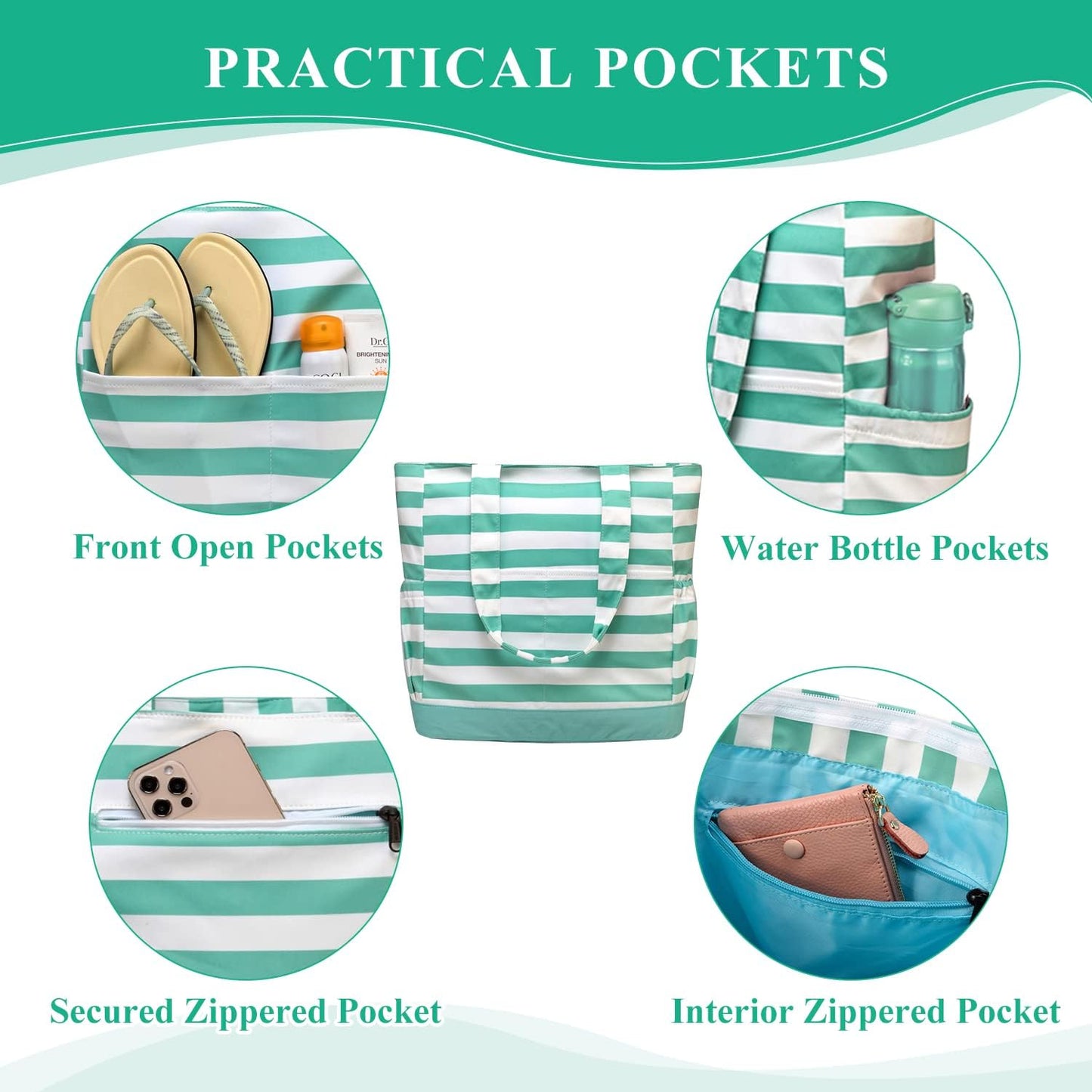 VASCHY Beach Bag for Women, Large Waterproof Sandproof Fold-able Packable Pool Tote Bag w Zipper/Pockets