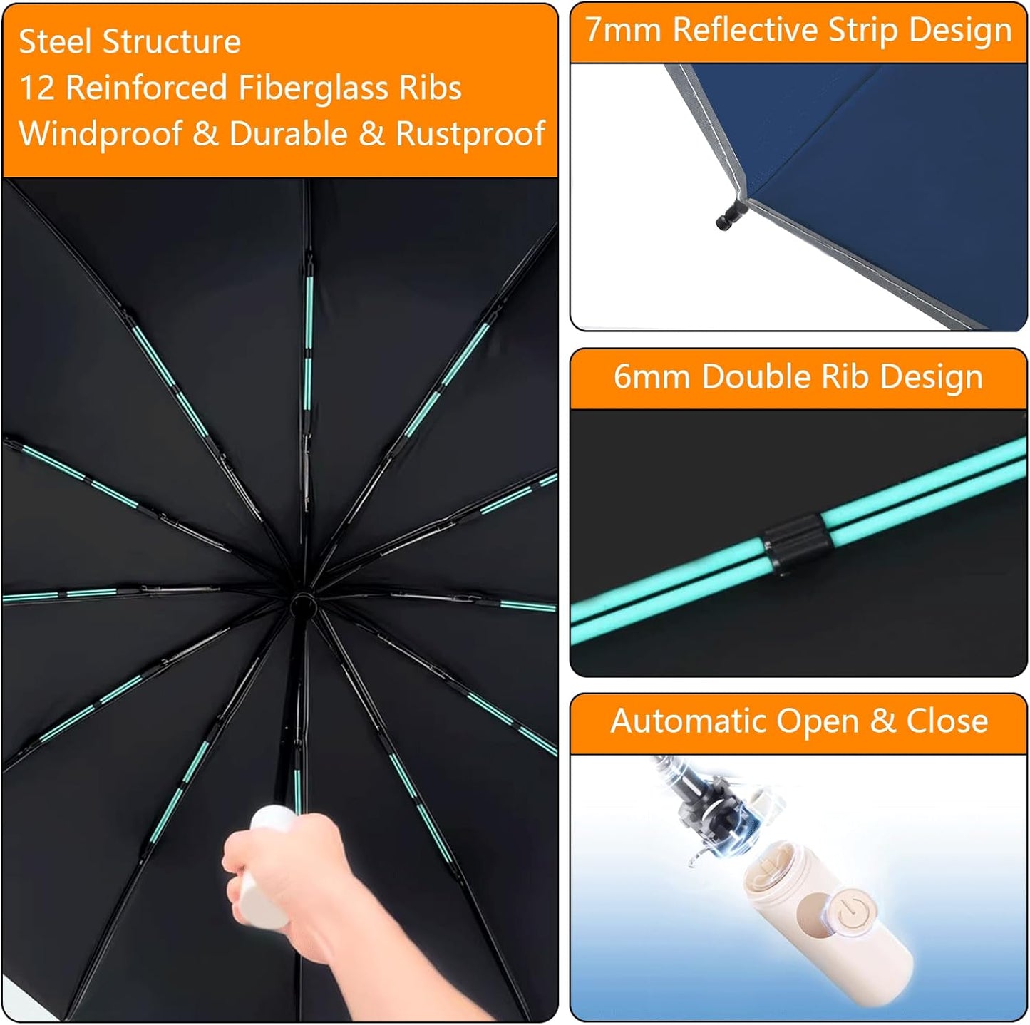 Large Double-Ribs Umbrella Automatic Folding Umbrella for Women Men, Travel, UPF 50+ UV Protection