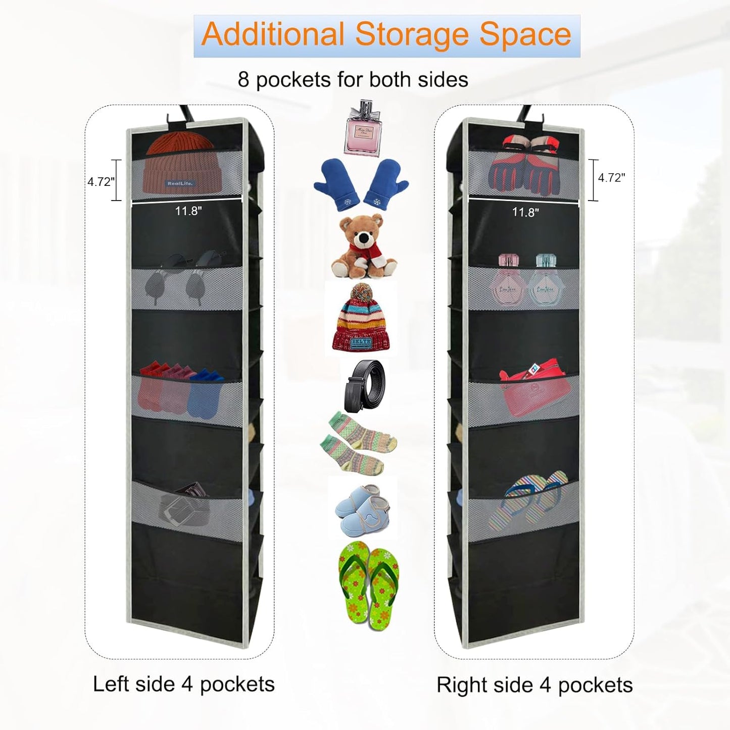 Large-Sized Hanging Shoe Organizer 10-Shelf, Sturdy Hanging Closet Organizer with 8 Side Pockets, Wider Hanging Shelves for Storage Shoes Clothes Jeans Shirts Toys, Black