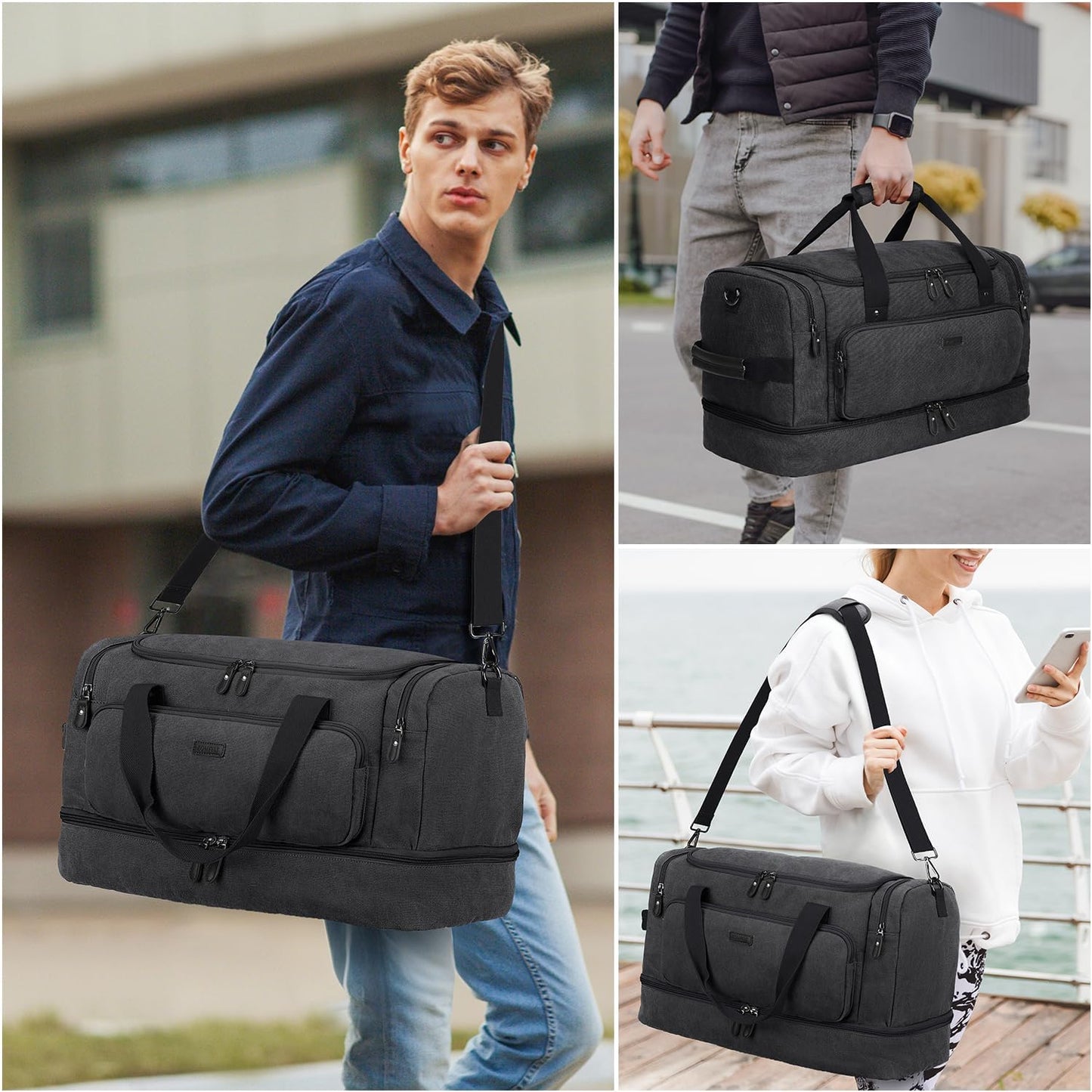 ZOMFELT Duffle Bag for travel, 40L Canvas Travel Duffel Bags for Men Women, Water Resistant Overnight Weekender Bag with Toiletry Bag & Shoe Compartment, Carry on Luggage Bag for Travel, Gym, Black