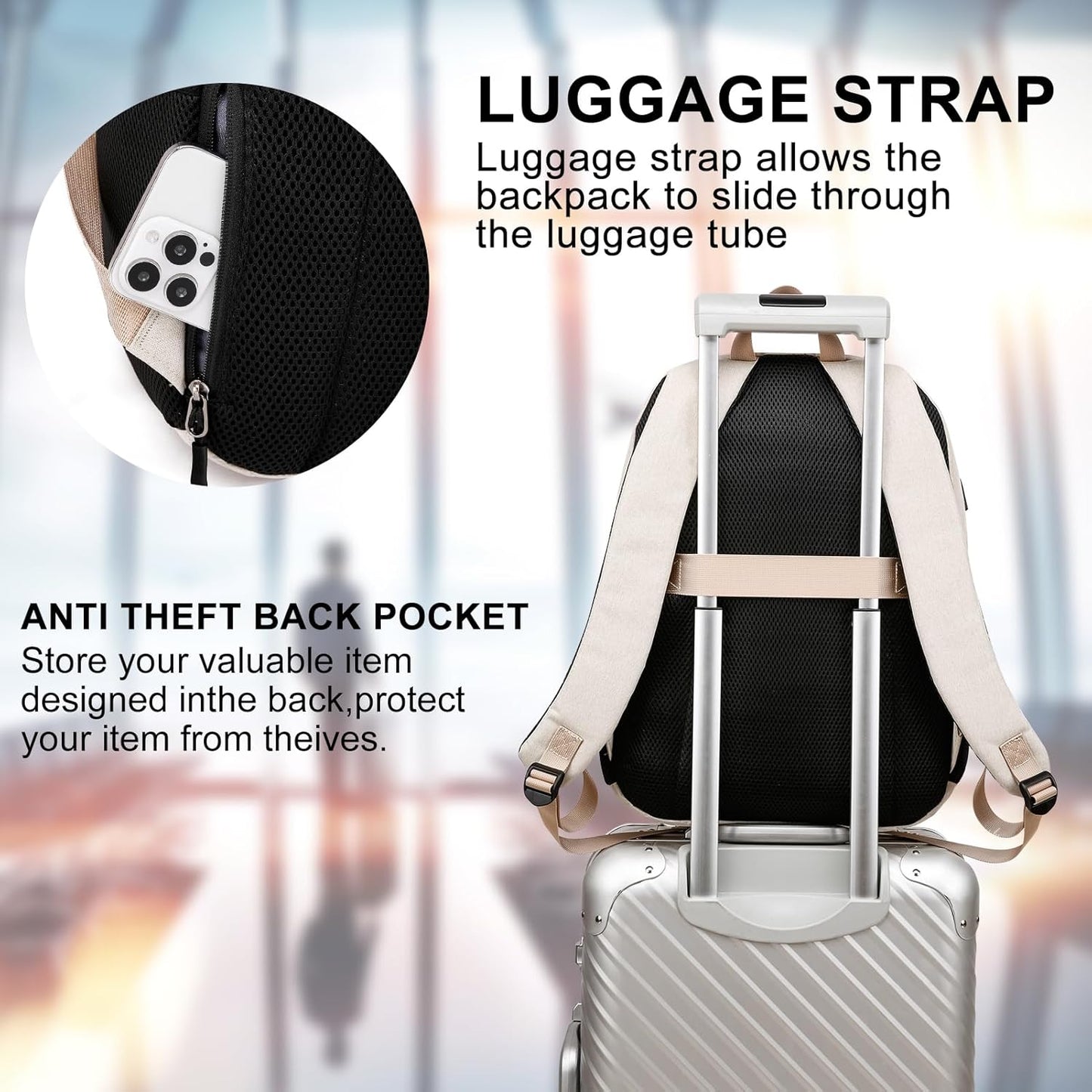 School Backpack for Teen Boys and Girls, Backpack for Men Women, 15.6 inch Laptop Back Pack for High School and College Students with USB Charging Port, Beige