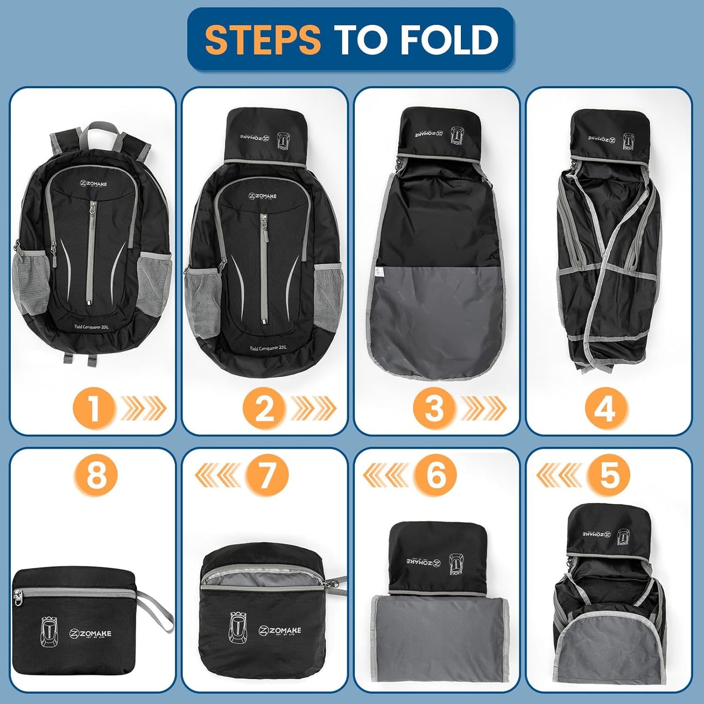 ZOMAKE Ultra Lightweight Packable Backpack 25L, Foldable Hiking Backpacks Water Resistant Small Folding Daypack for Travel(Solid Black)