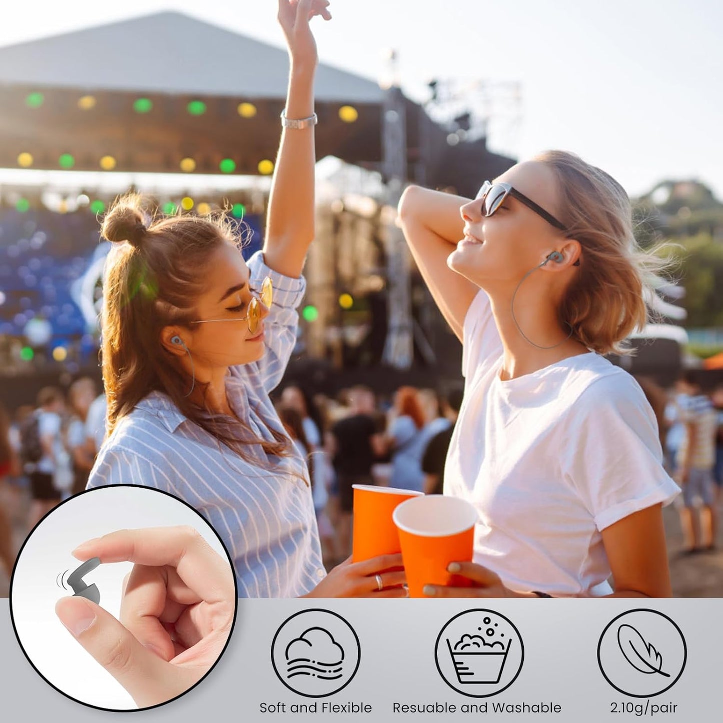 2 Pairs of Earplugs for Sleeping,Reusable Hearing Protection Earplugs with 8 Pairs Ear Tips & One Connector Cord,Soft Earplugs for Noise Reduction,Concert,Musician & Work - 25dB-30dB, Grey