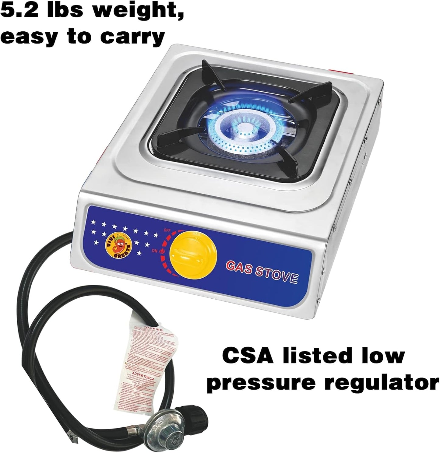 Vivicreate Propane Gas Stove 10000 BTU Single Burner Stainless Steel Cooktop Portable Outdoor Cooking with Regulator for Camping BBQ Patio Picnic