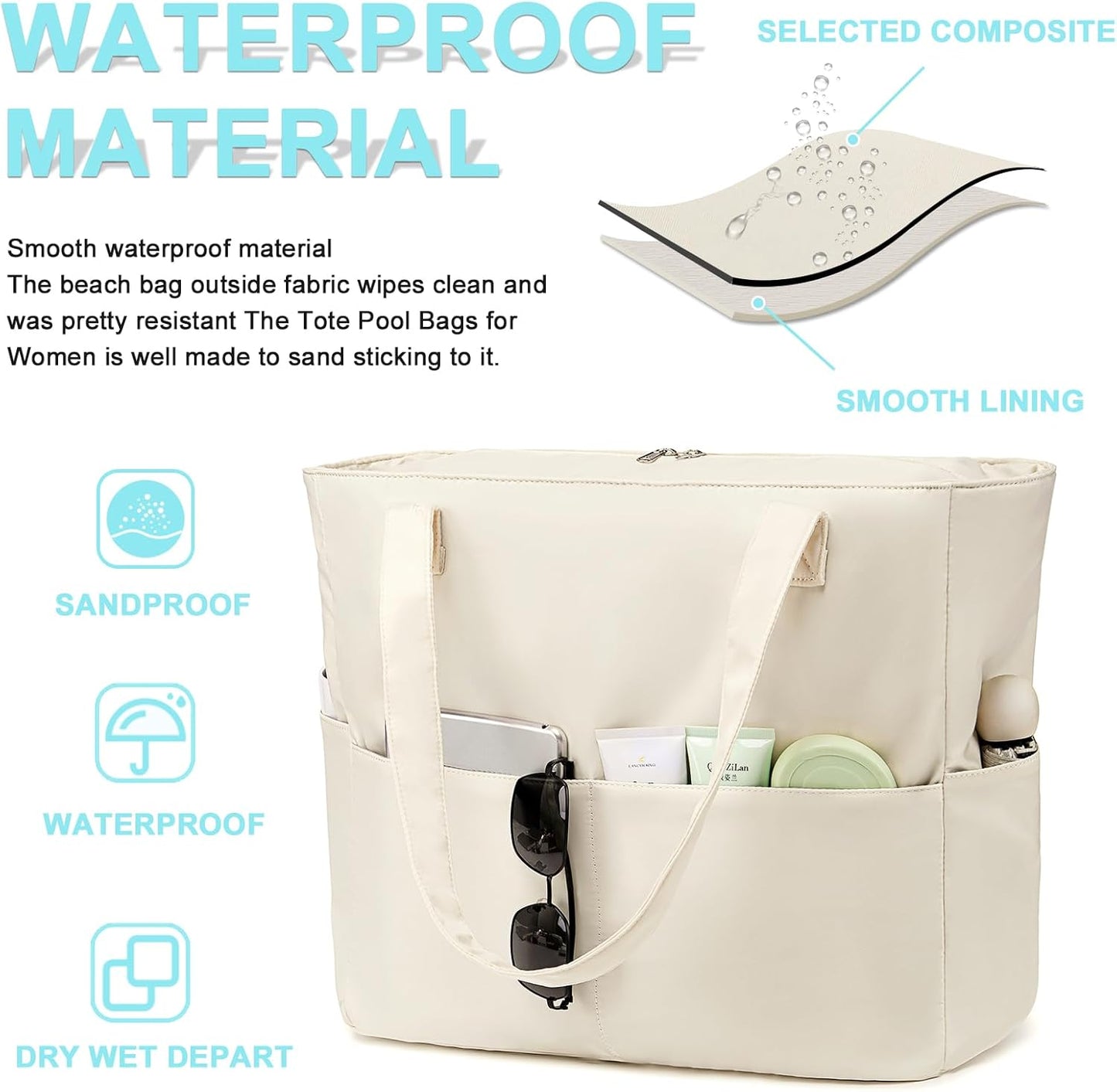 Waterproof Beach Tote Pool Bags for Women Ladies Extra Large Gym Tote Carry On Bag With Wet Compartment for Weekender Travel