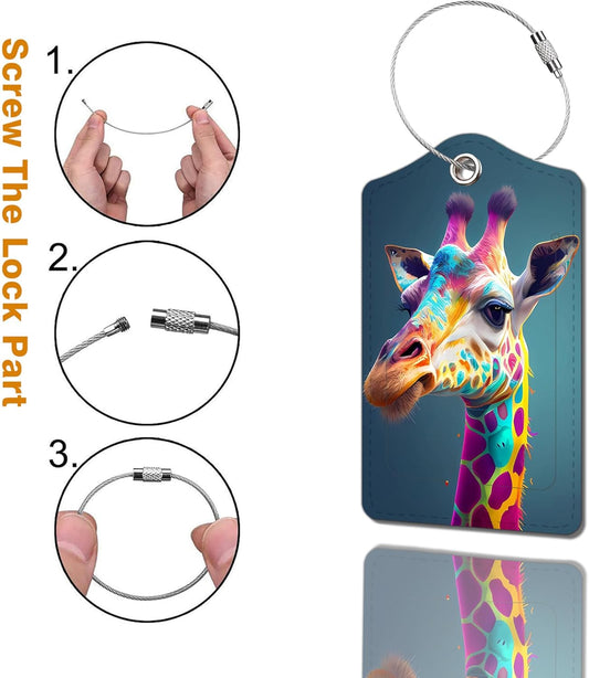 2 Pack Luggage Tag for Suitcase, Cute Unique Leather Bag Tags Identifiers Privacy Cover ID Label with Durable Steel Loop for Women Men Kids Girls Travel,GiraffeA
