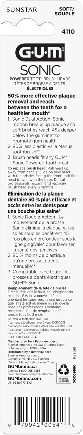 GUM Sonic Powered Toothbrush Refills, Tapered Bristles Clean Below The Gumline, White 2ct. (Pack of 2)