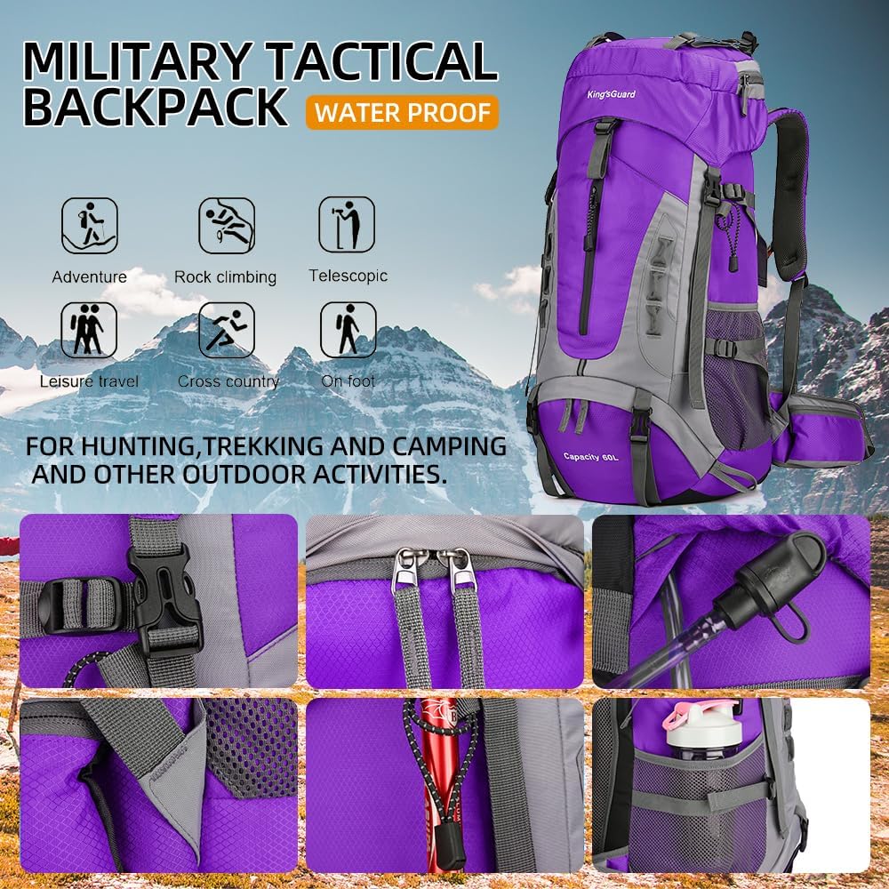King'sGuard 60L Hiking Backpack Lightweight Camping Backpack with Rain Cover Large Waterproof Packable Outdoor Trekking Travel Backpack for Men Women (Purple)