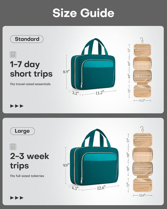 HOTOR Travel Toiletry Bag for Women & Men, Waterproof Makeup Bag with Hanging Hook and Multiple Pockets, Cosmetic Bags for Women, Travel Essentials, 11.2'' x 3.2'' x 8.9'', Teal