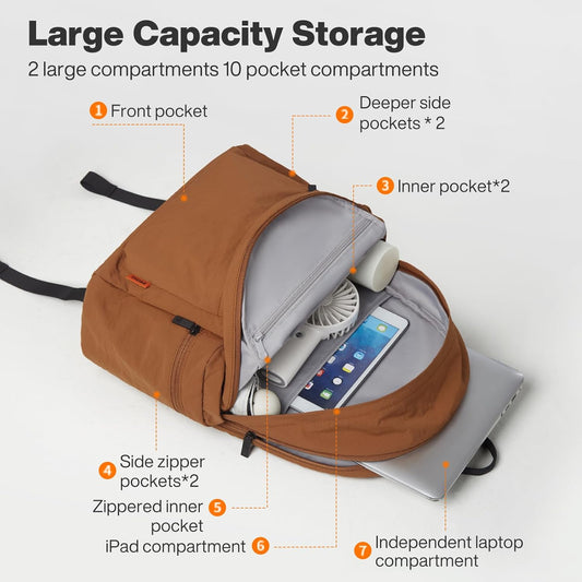 mixi Outdoor Lightweight Backpack Casual Carry On Laptop Backpack Travel Bookbag for Women Men, Water Resistant Durable Small Hiking Bag for Camping Weekender Sports College Work, 15 Inch, Brown