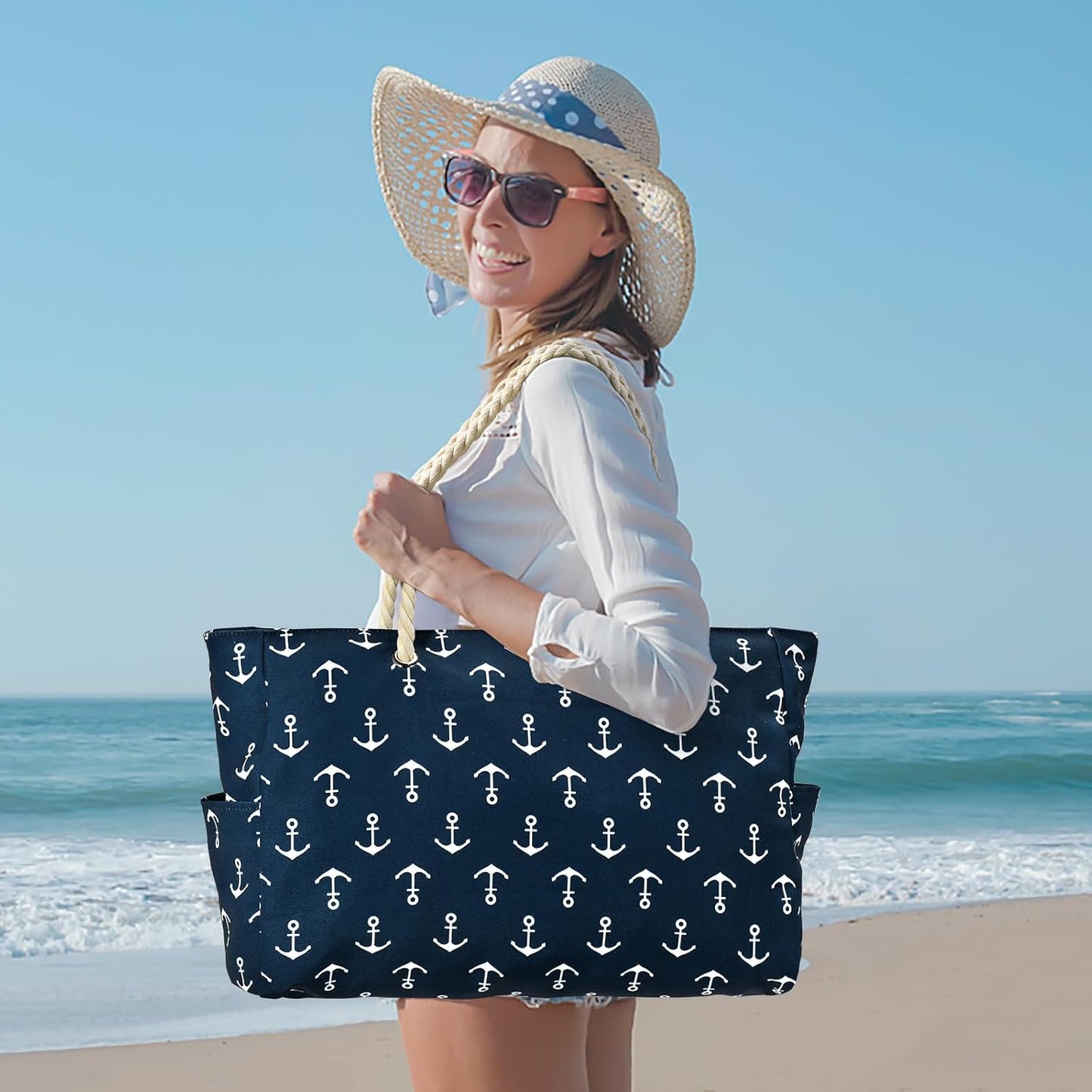 Becokan Beach Bag Large Beach Tote Bag for Women Waterproof Sandproof Swim Pool Bag With Zipper