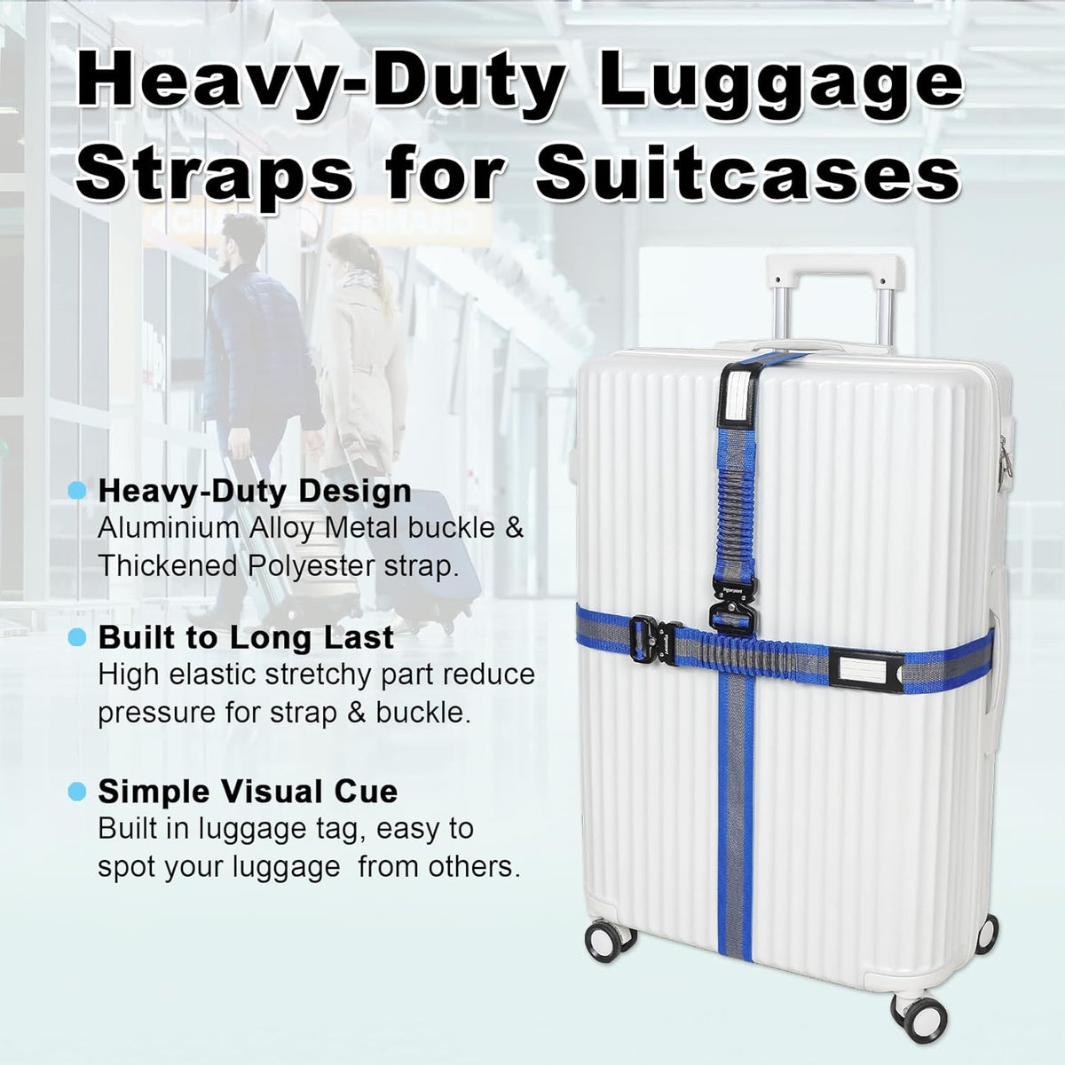 Vigorport Luggage Straps for Suitcases 2 Pack, Heavy Duty Metal Buckle Luggage Belt Strap, TSA Approved Suitcase Belt, Stretchable Travel Strap for Luggage