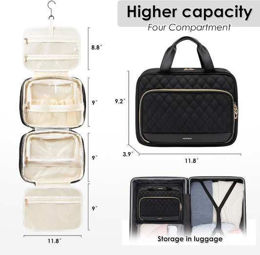 Travel Toiletry Bag Hanging Toiletry Bag for Women Water-resistant Cosmetic Makeup Bag for Full Sized Travel Essentials Must Have (Black)