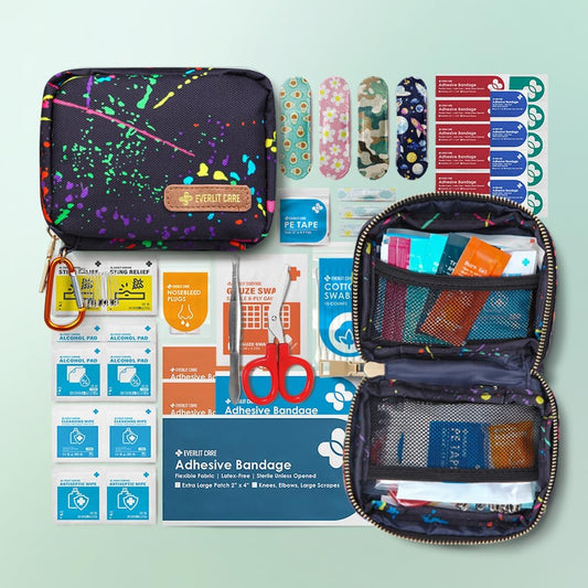 EVERLIT Mini Rescue Pack | 105 Medical Essentials Organized in Portable Storage Bag | Pocket Size Kids First Aid Kit with D Ring | Small Family-Friendly Travel Medical Kit (Splatter)