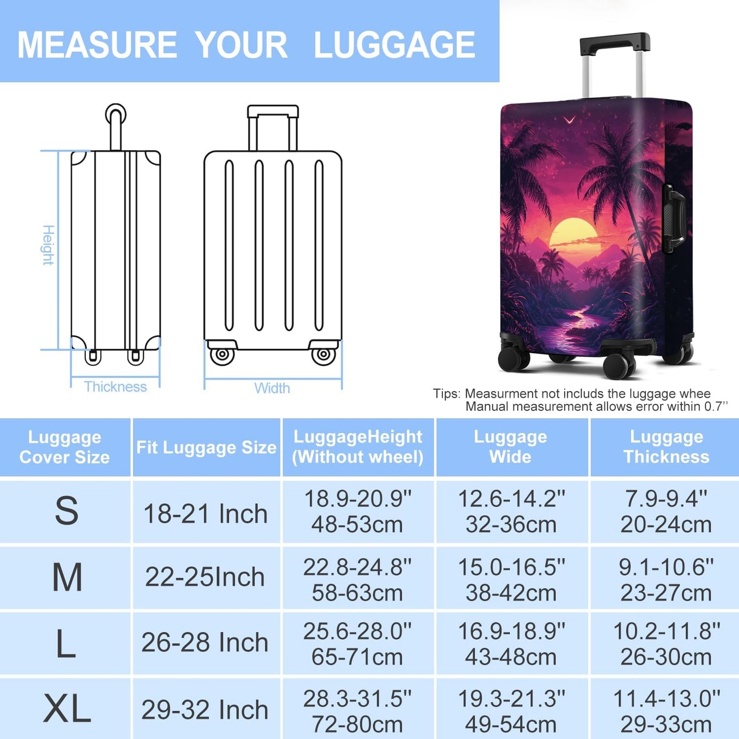 Luggage Cover Washable Suitcase Protector Anti-scratch Suitcase cover Fits 20-34 Inch Luggage (Coconut trees, S(20-22inch suitcase))