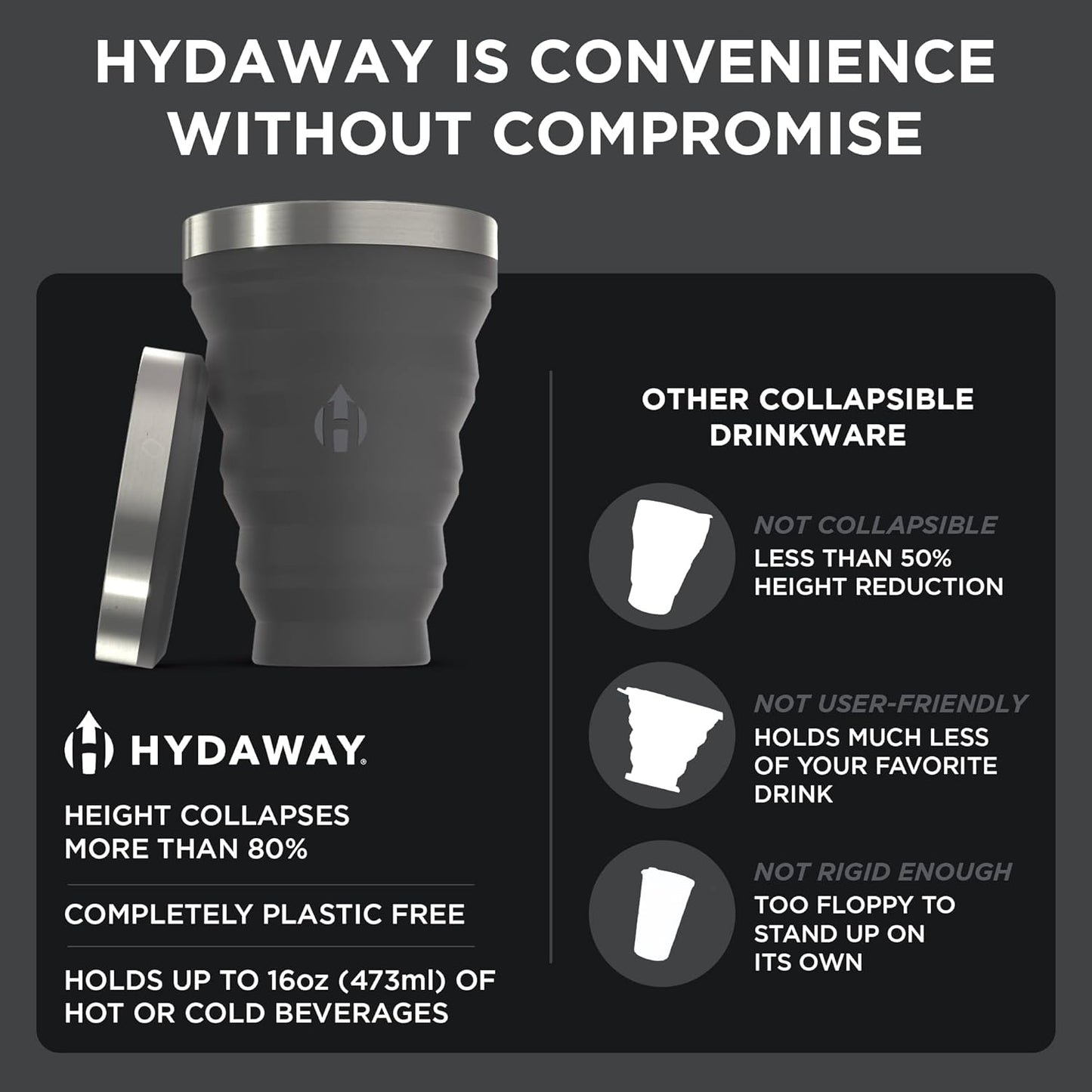 HYDAWAY 16oz Collapsible Pint - BPA-Free Silicone Cup with Stainless Steel Rim - Reusable, Packable, and Durable for Camping, Travel & Everyday Use
