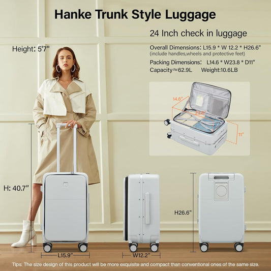 Hanke 24 Inch Luggage with Cup Holder and Charge,Top Opening Hard Shell Suitcases with Wheels and Dividers,Aluminum Frame Trunk Luggage Medium Checked Suitcase with Lock for Travel,Smoke White