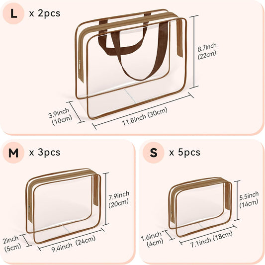 TISRATOK 10 PCS Clear Travel Makeup Toiletry Bag, Plastic PVC Cosmetic TSA Approved Organizer Kit with Zipper Handbag(Coffee)
